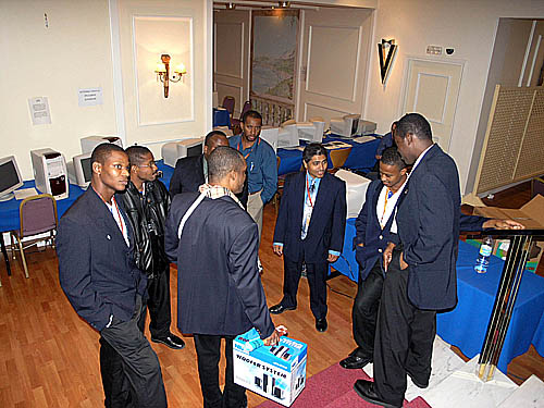 Caribbean players conversing  (L-R) Mark-Jon Alleyne (Barbados), Delisle Warner (Barbados), Kevin Denny (Barbados), Duane Rowe (Jamaica), Russel Porter (Jamaica), Shane Matthews (Jamaican), Terry Farley (Barbados), Peter Dawson (Barbados).