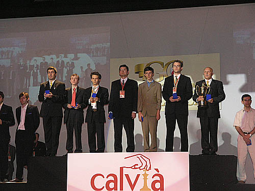 Gold medallists Ukraine listening to national anthem. (L-R) Vassily Ivanchuk, Ruslan Ponomariov, Andrei Volokitin, Alexander Moissenko, Sergey Karjakin, Pavel Eljanov, Vladimir Tukmakov (captain).