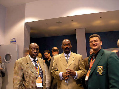 FIDE Delgates (L-R) Enoch Barumba (Uganda), Rugema Ngarambe (Rwanda), Lyndon Bouah (South Africa). Photo by Daaim Shabazz.
