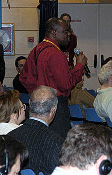 Jamaican Chess President Ian Wilkinson on the floor of the FIDE General Assembly at the 36th Olympiad in Mallorca, Spain.