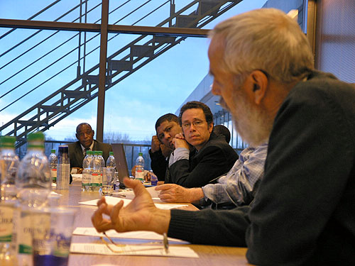 Botswanas Dabilani Buthali (chair), South Africa's Omar Esau   and CACDEC Chair Allan Herbert listen intently to Algeria's Lakhdar Mazouz, member of FIDE's Verification Commission.