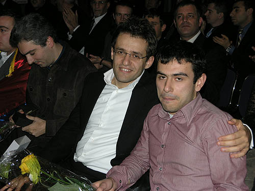 GMs Levon Aronian and Gabriel Sargissian at 2008 Olympiad in Dresden, Germany. Photo by Daaim Shabazz.