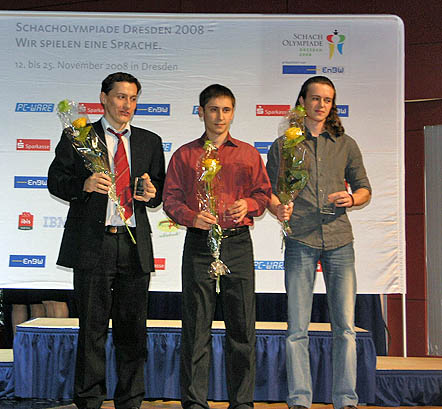 Board 5 medal winner. Ferenc Berkes (bronze), Dmitry Jakovenko (gold), Maxim Rodshtein (silver). Photo by Daaim Shabazz.