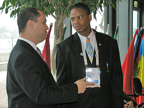 Boitumelo Keinyatse of Botswana speaking with one of the arbiters. Photo by Daaim Shabazz.