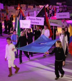 FIDE flag at Olympiad Opening Ceremony. Photo by Paul Truong.