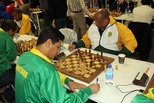 Kobese playing Mauretania's Ould Taleb at 2014 Chess Olympiad in Tromso, Norway. Photo by Daaim Shabazz