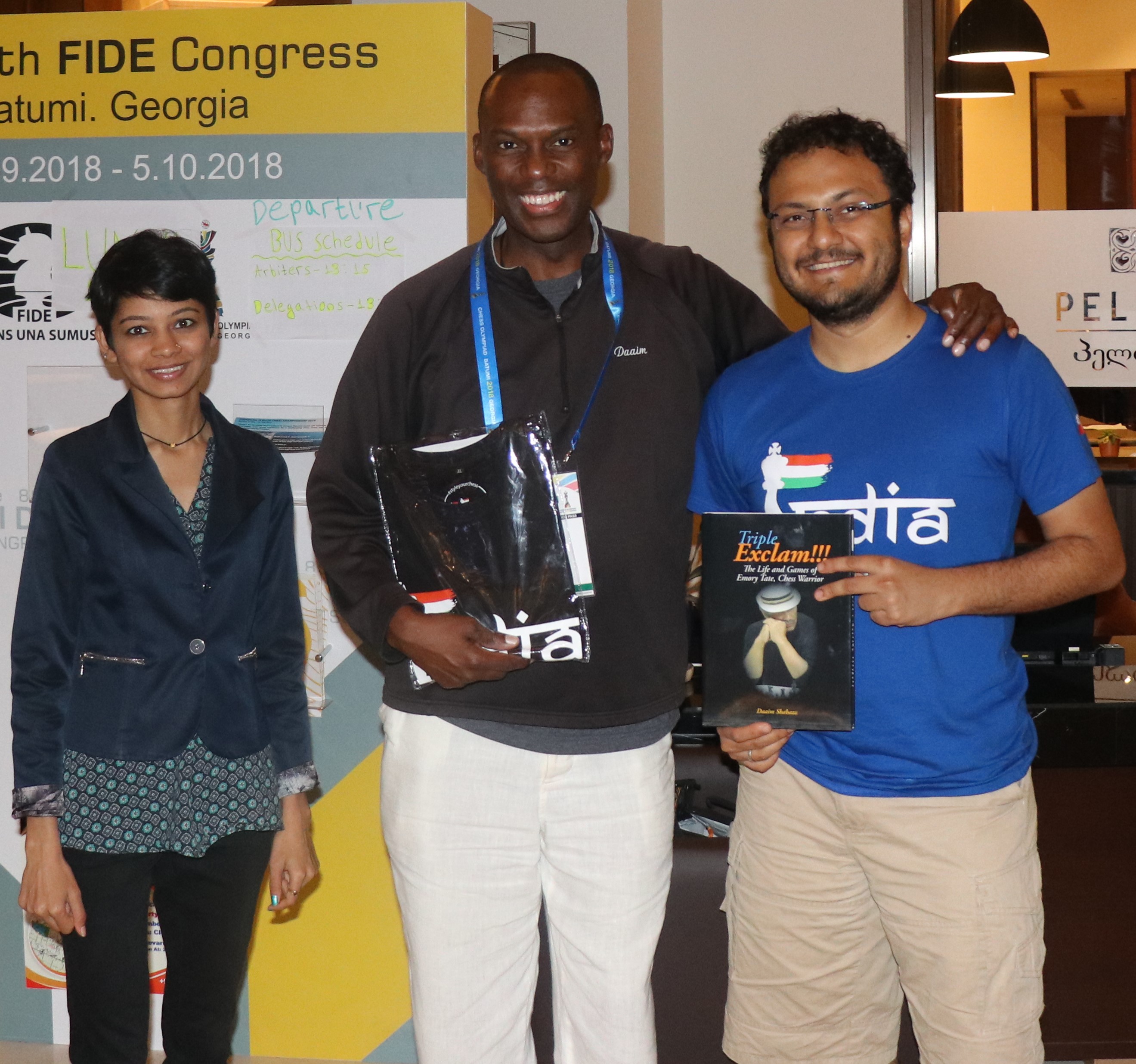 Daaim Shabazz with Amruta Mokal and Sagar Shah at the 2018 Chess Olympiad in Batumi, Georgia
Photo by Daaim Shabazz/The Chess Drum