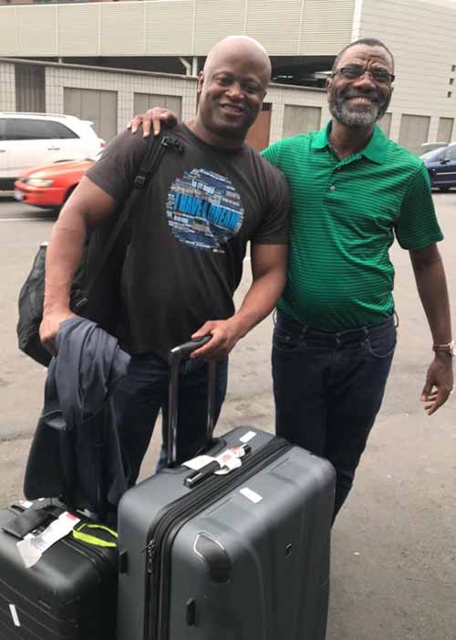 Maurice Ashley being greeted at the airport by FIDEC President, Essoh Essis