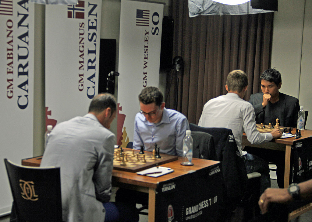 Aug.25, 2015 - St. Louis, Missouri, U.S. - From left, GM FABIANO CARUANA, GM ANISH GIRI and GM MAGNUS CARLSEN watch the game between GM WESLEY SO and GM ALEXANDER GRISCHUK on