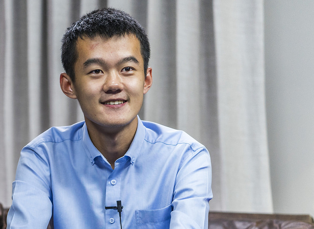 Ding Liren in a good mood after his win over Svidler.