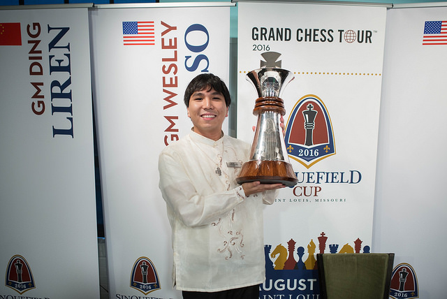 Wesley So, in a beautiful barong, hoists the Sinqufield Cup aloft after winning the 2016 edition.