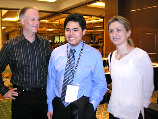 Chief Organizer Erik Anderson (left) stands next to GM Hikaru Nakamura and WGM Rusudan Goletiani after both were crowned the 2004 U.S. Champions.