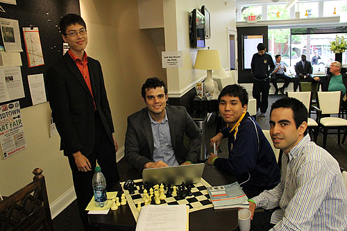 Part of Webster University's National Championship team. They were hanging out at the U.S. Championships. They would be a strong Olympiad team as well!! L-R: GM Ray Robson (USA), GM Fidel Corrales Jimenez (Cuba), GM Wesley So (Philippines), GM Manuel Leon Hoyos (Mexico).