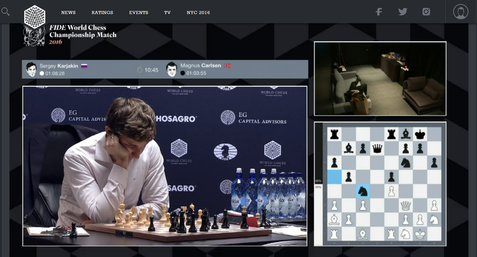 Carlsen ponders move after Karjakin's 17...Nc4