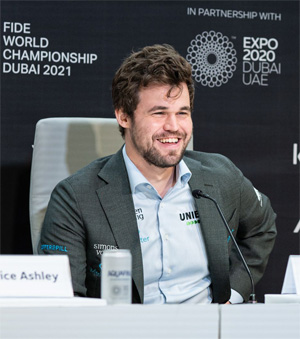 Magnus Carlsen after winning 2021 World Chess Championship. Photo by Maria Emelianova