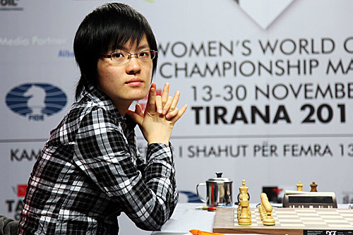 Hou Yifan during her successful title defense last year. Photo by Anastasiya Karlovich for FIDE.