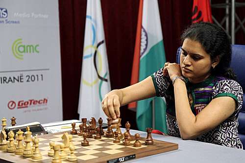 Koneru Humpy trots out the Petroff in Game #2. The Indian pressed by could not score the full point. Photo by Anastasiya Karlovich for FIDE.